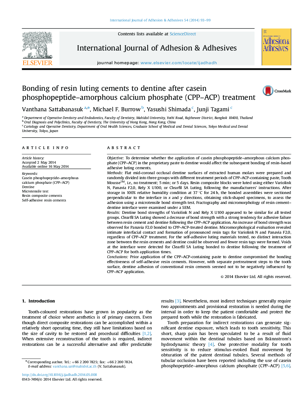 Bonding of resin luting cements to dentine after casein phosphopeptide-amorphous calcium phosphate (CPP-ACP) treatment