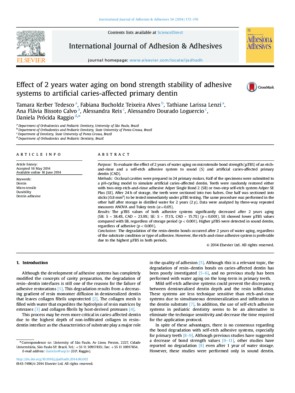 Effect of 2 years water aging on bond strength stability of adhesive systems to artificial caries-affected primary dentin
