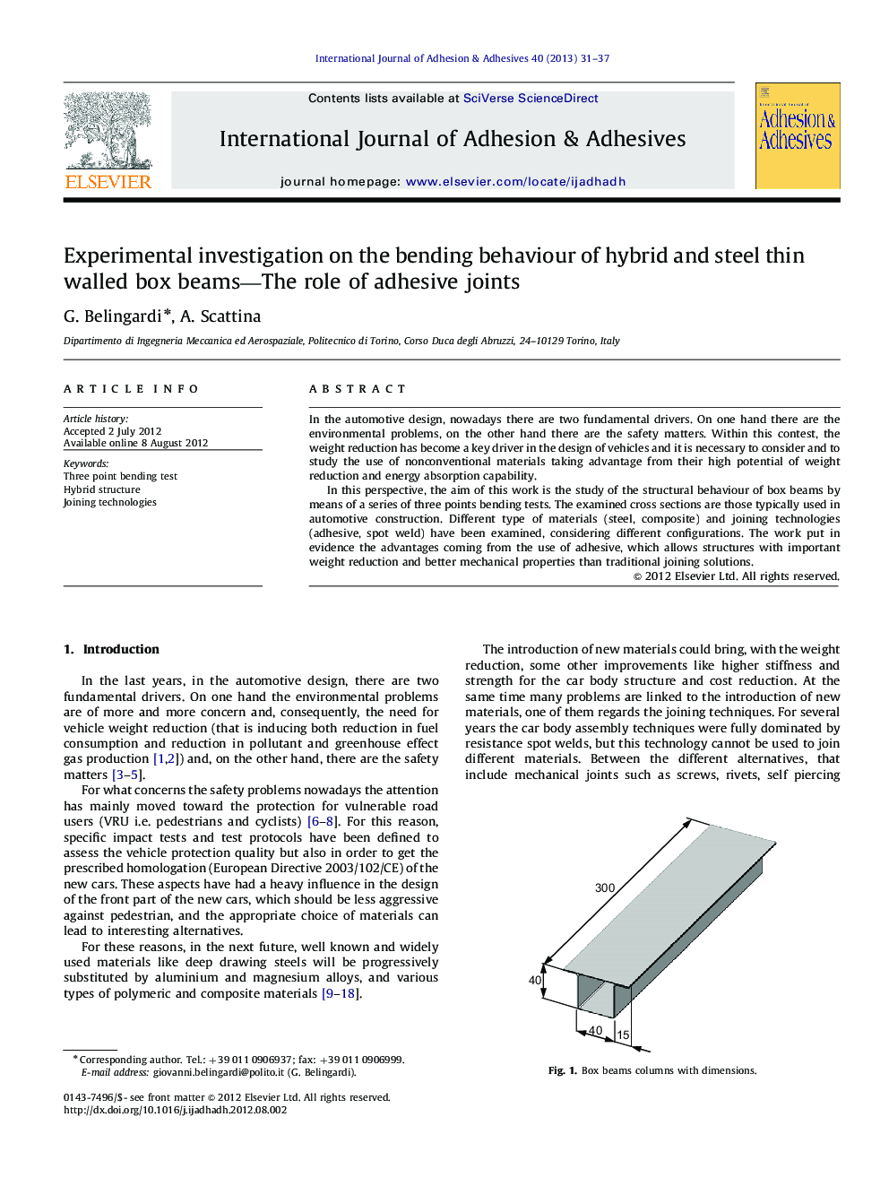 Experimental investigation on the bending behaviour of hybrid and steel thin walled box beams-The role of adhesive joints