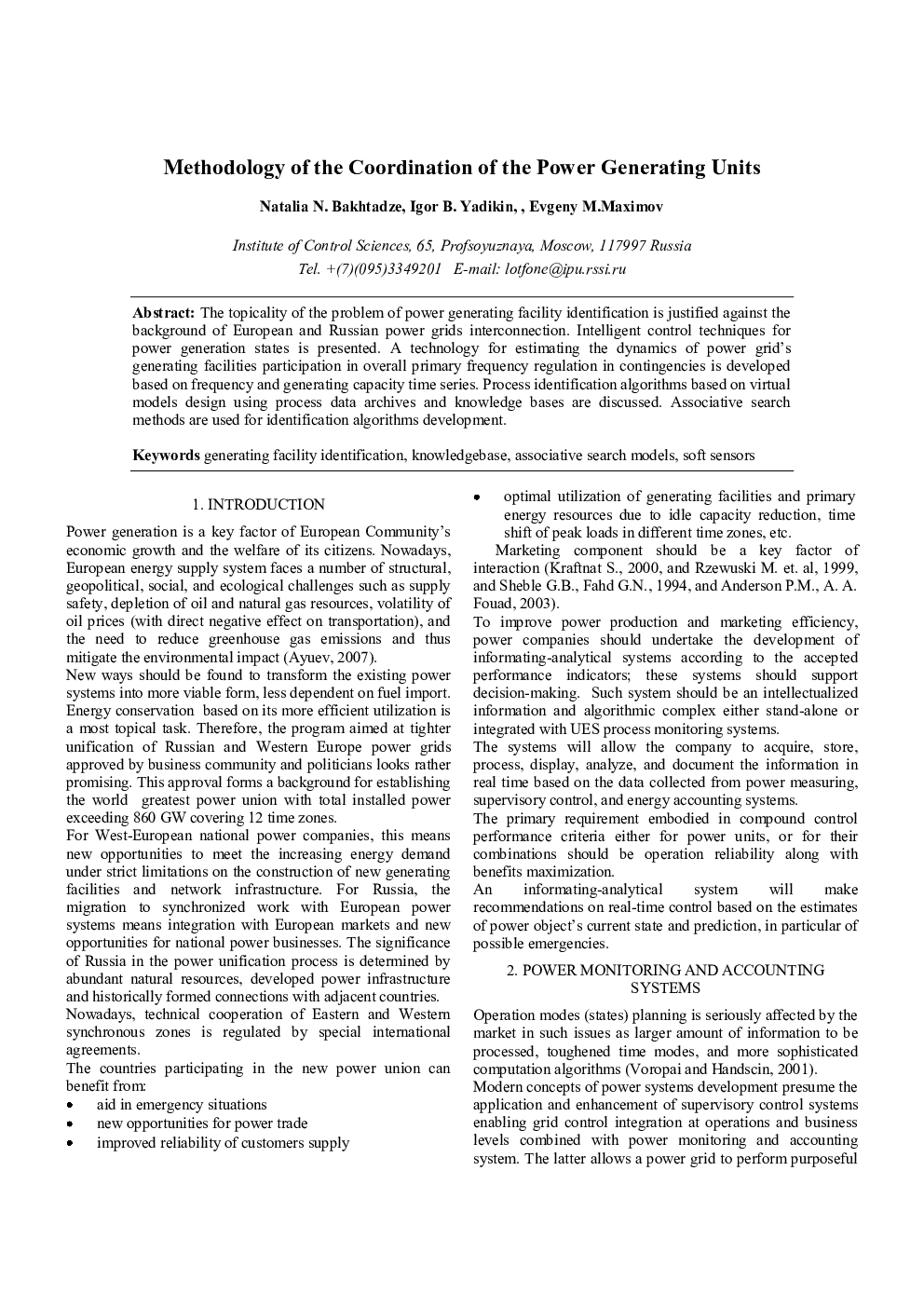 Methodology of the Coordination of the Power Generating Units