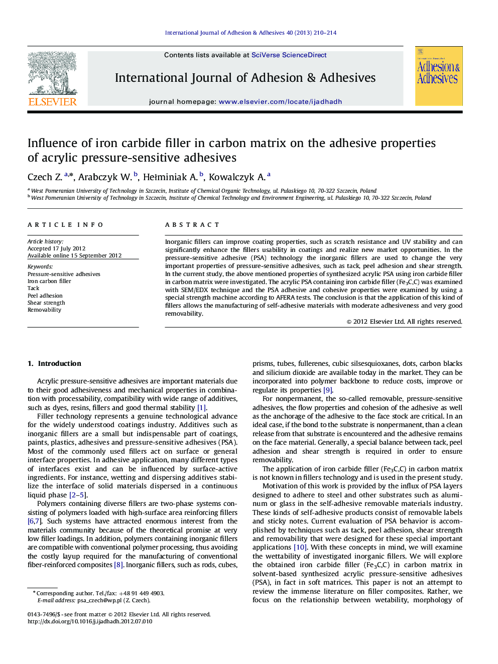 Influence of iron carbide filler in carbon matrix on the adhesive properties of acrylic pressure-sensitive adhesives