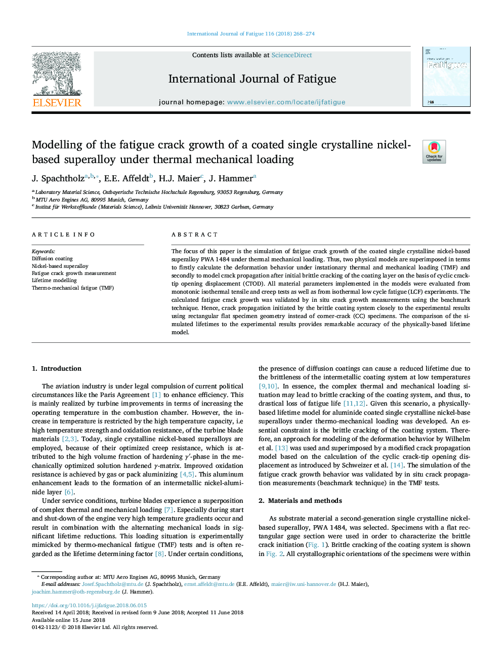 Modelling of the fatigue crack growth of a coated single crystalline nickel-based superalloy under thermal mechanical loading