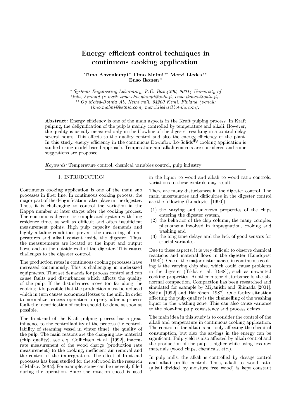 Energy efficient control techniques in continuous cooking application