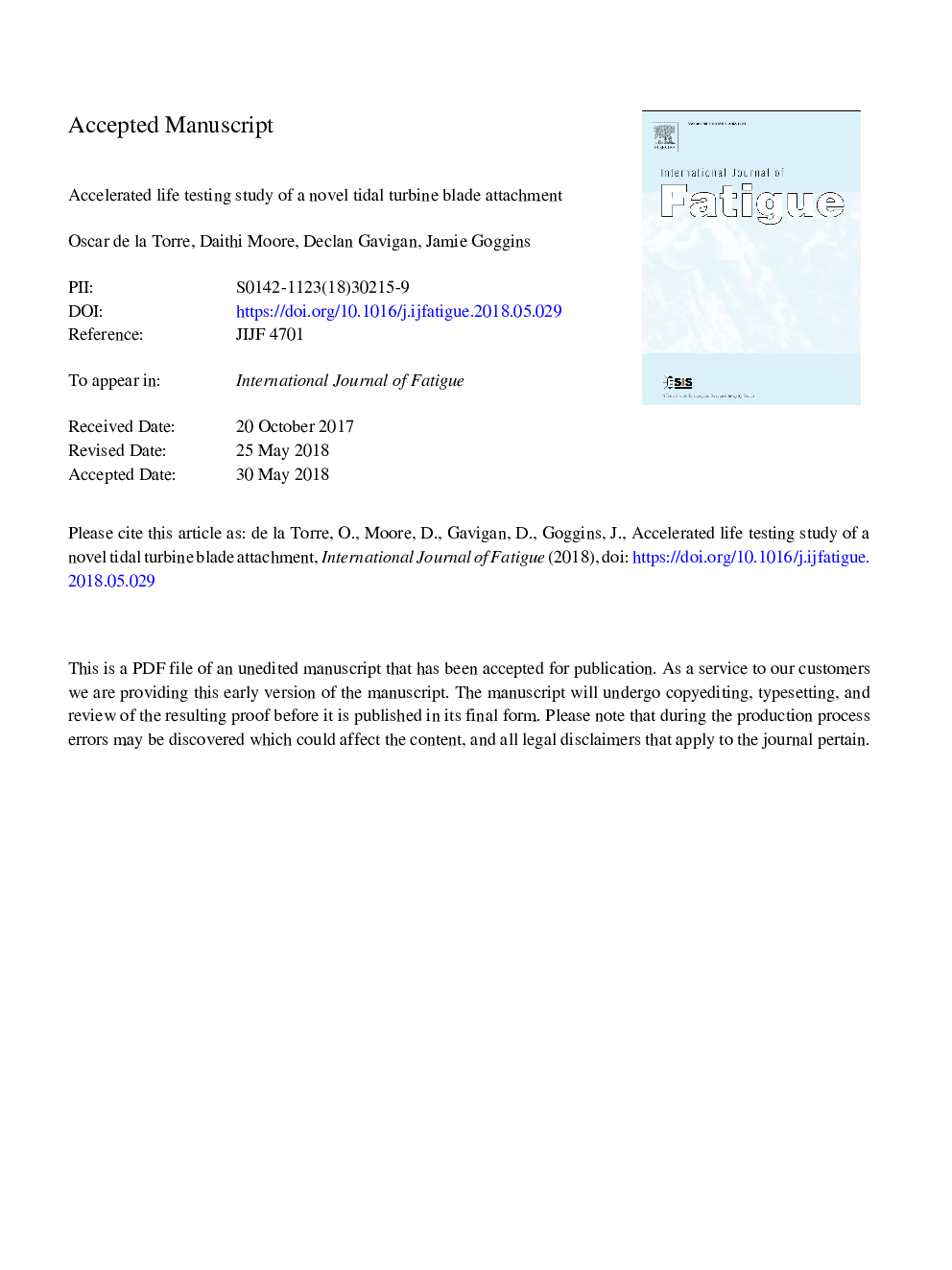 Accelerated life testing study of a novel tidal turbine blade attachment