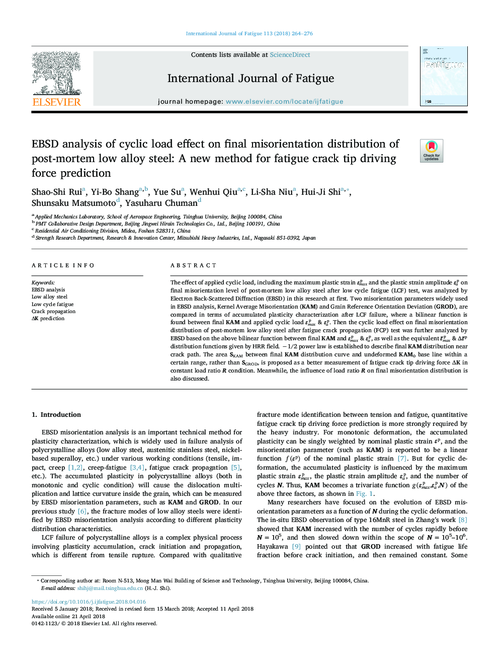 EBSD analysis of cyclic load effect on final misorientation distribution of post-mortem low alloy steel: A new method for fatigue crack tip driving force prediction