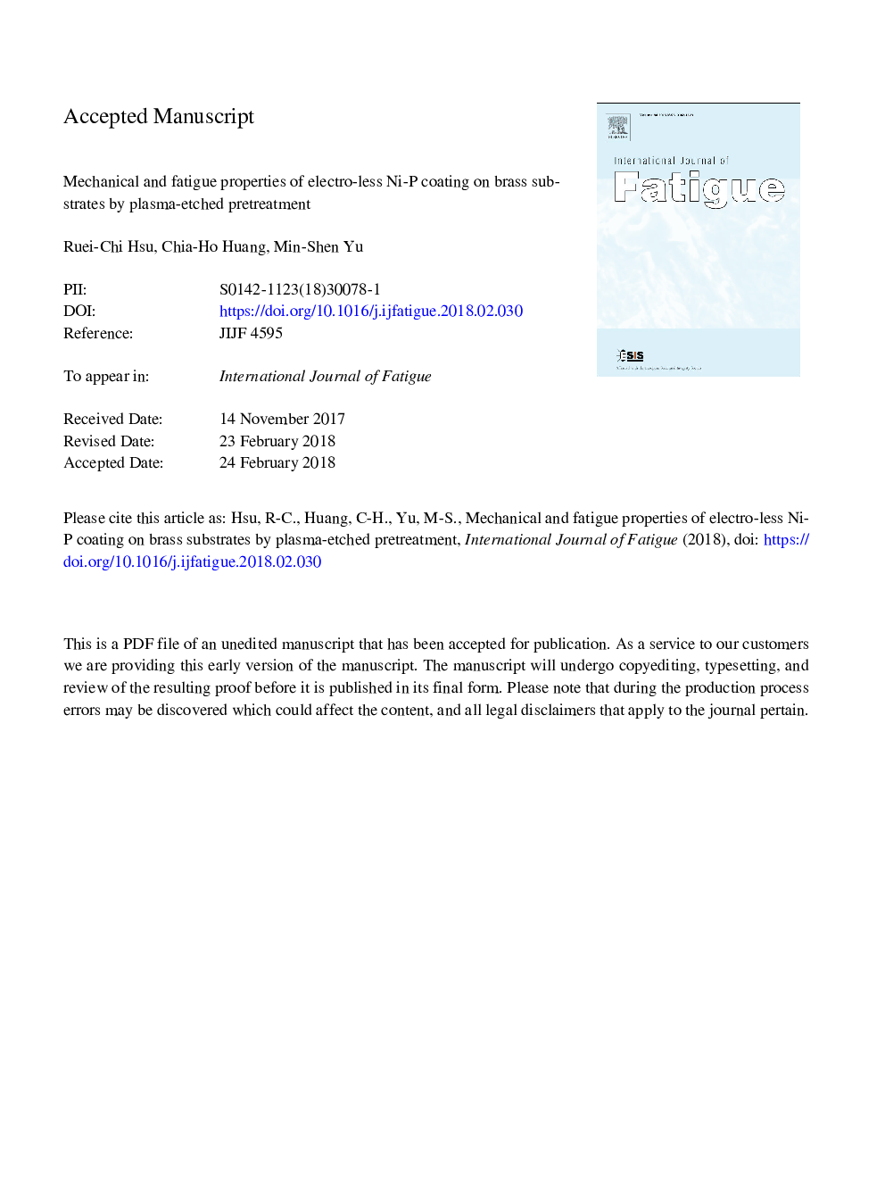 Mechanical and fatigue properties of electro-less Ni-P coating on brass substrates by plasma-etched pretreatment