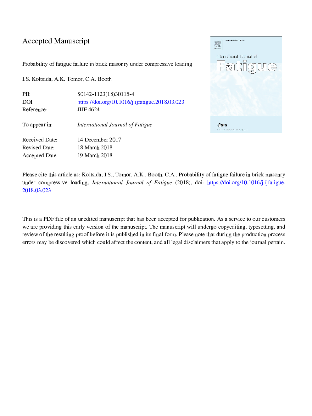 Probability of fatigue failure in brick masonry under compressive loading