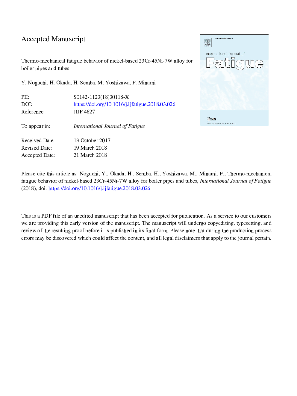 عکس صفحه اول مقاله: Thermo-mechanical fatigue behavior of nickel-based 23Cr-45Ni-7W alloy for boiler pipes and tubes Thermo-mechanical fatigue behavior of nickel-based 23Cr-45Ni-7W alloy for boiler pipes and tubes