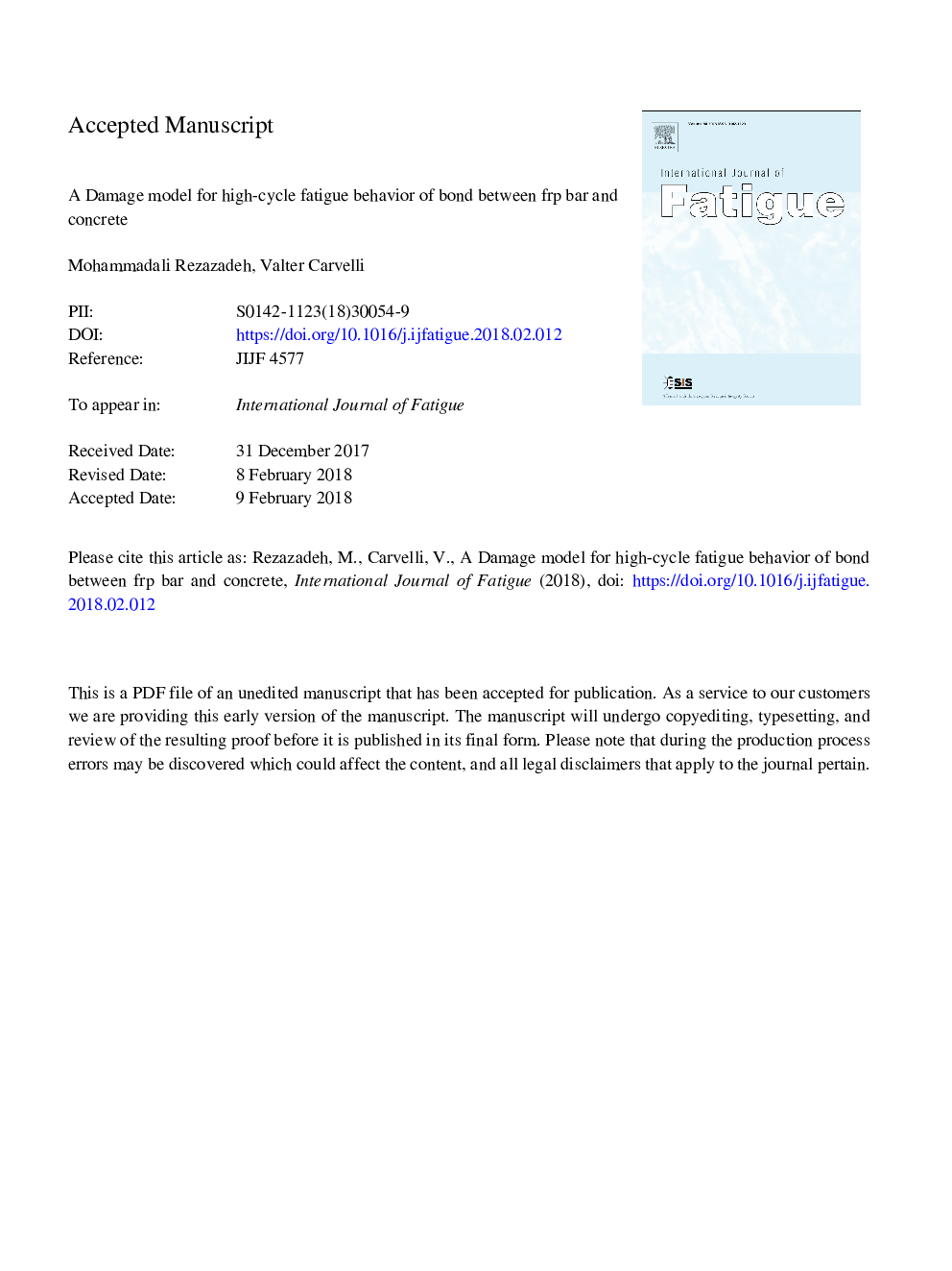 A damage model for high-cycle fatigue behavior of bond between FRP bar and concrete