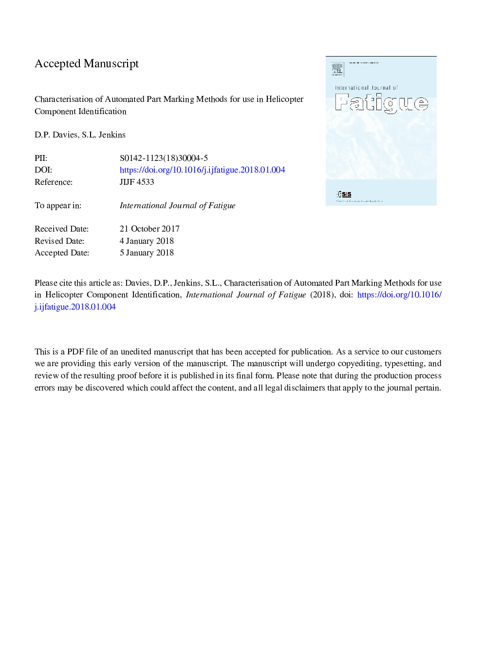 Characterisation of automated part marking methods for use in helicopter component identification