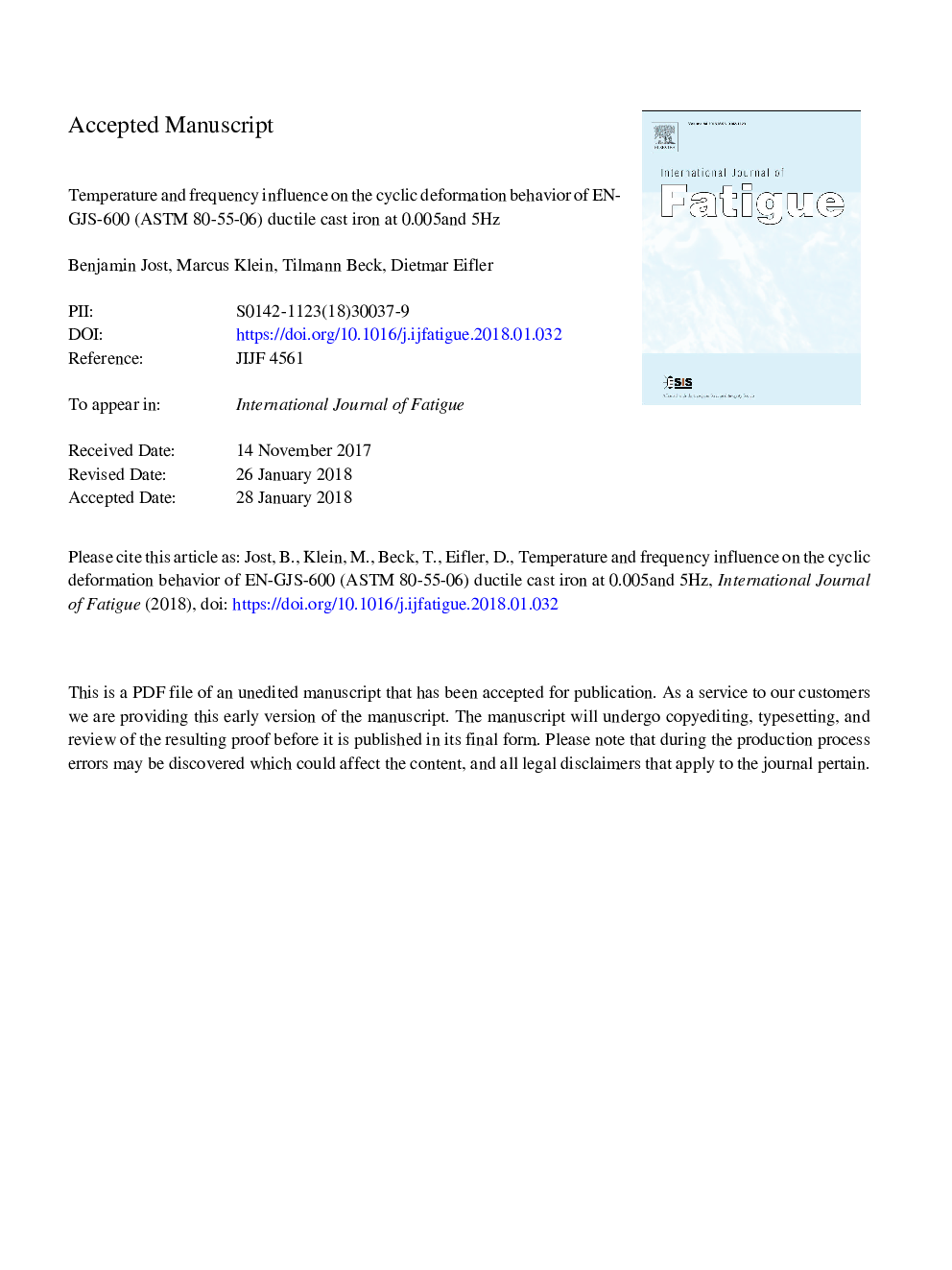 Temperature and frequency influence on the cyclic deformation behavior of EN-GJS-600 (ASTM 80-55-06) ductile cast iron at 0.005 and 5â¯Hz