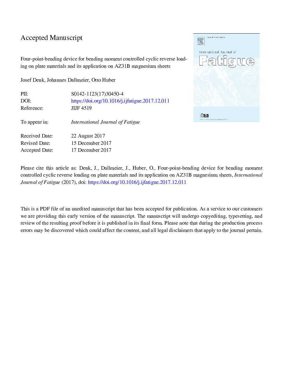 Four-point-bending device for bending moment controlled cyclic reverse loading on plate materials and its application on AZ31B magnesium sheets