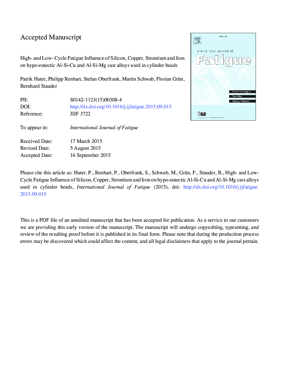 High- and low-cycle fatigue influence of silicon, copper, strontium and iron on hypo-eutectic Al-Si-Cu and Al-Si-Mg cast alloys used in cylinder heads