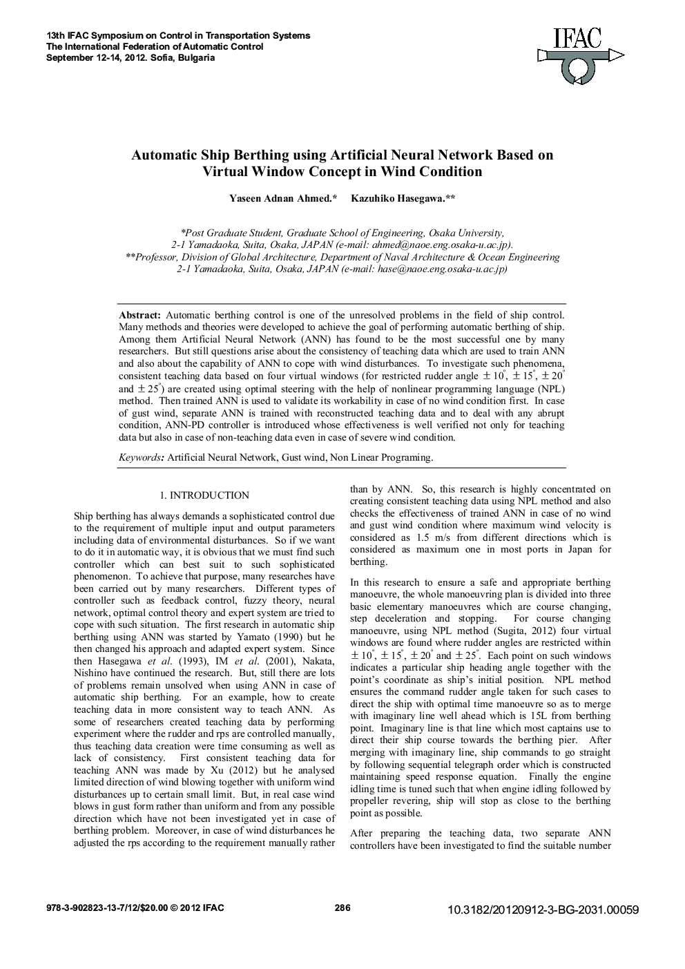 Automatic Ship Berthing using Artificial Neural Network Based on Virtual Window Concept in Wind Condition