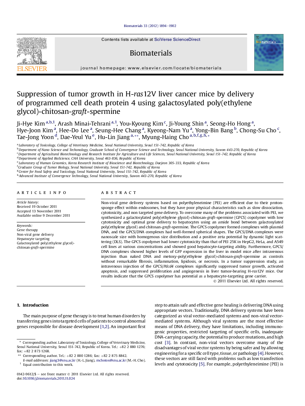 Suppression of tumor growth in H-ras12V liver cancer mice by delivery of programmed cell death protein 4 using galactosylated poly(ethylene glycol)-chitosan-graft-spermine