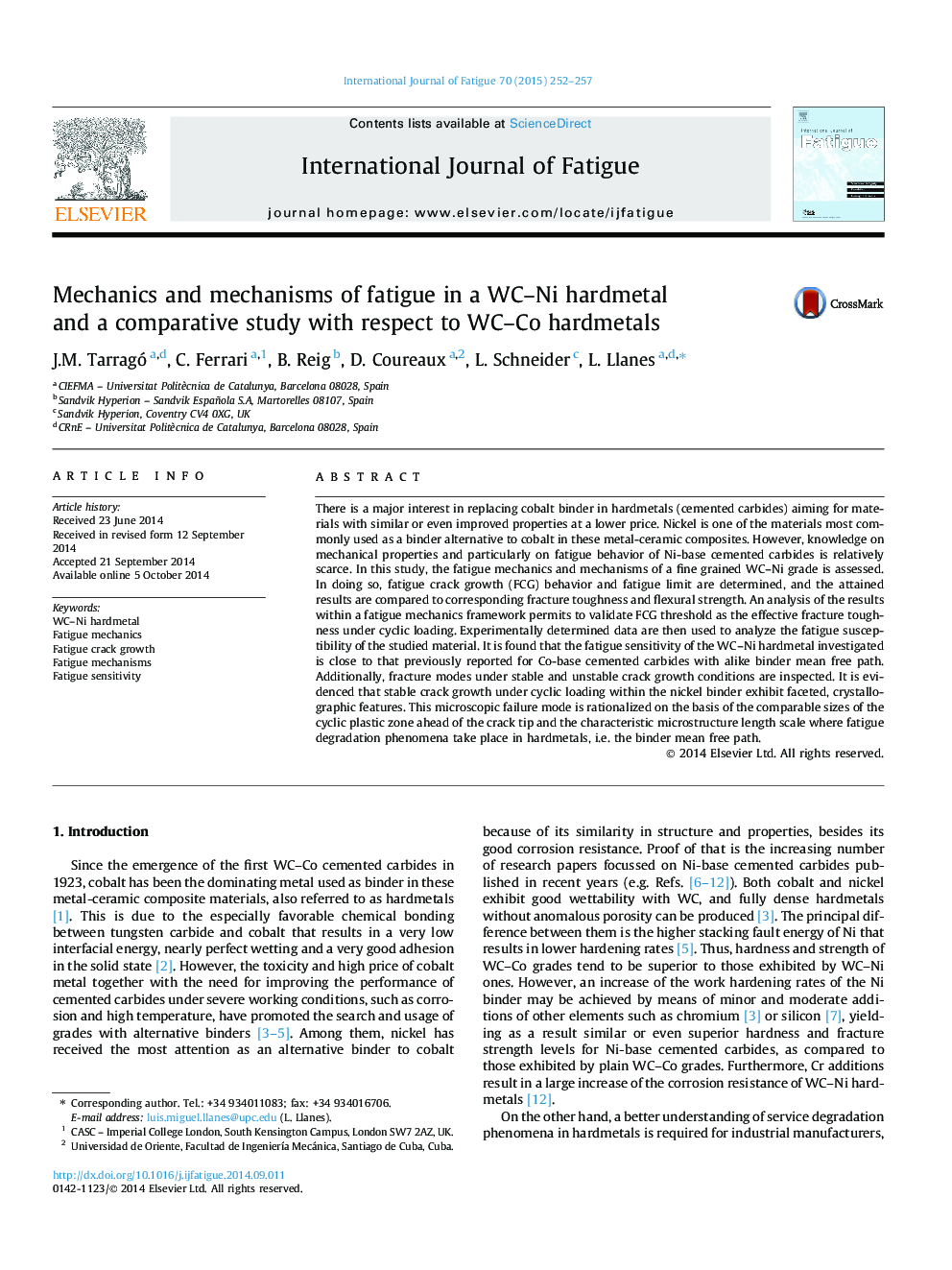 Mechanics and mechanisms of fatigue in a WC-Ni hardmetal and a comparative study with respect to WC-Co hardmetals