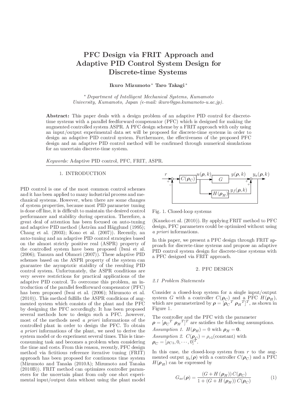 PFC Design via FRIT Approach and Adaptive PID Control System Design for Discrete-time Systems
