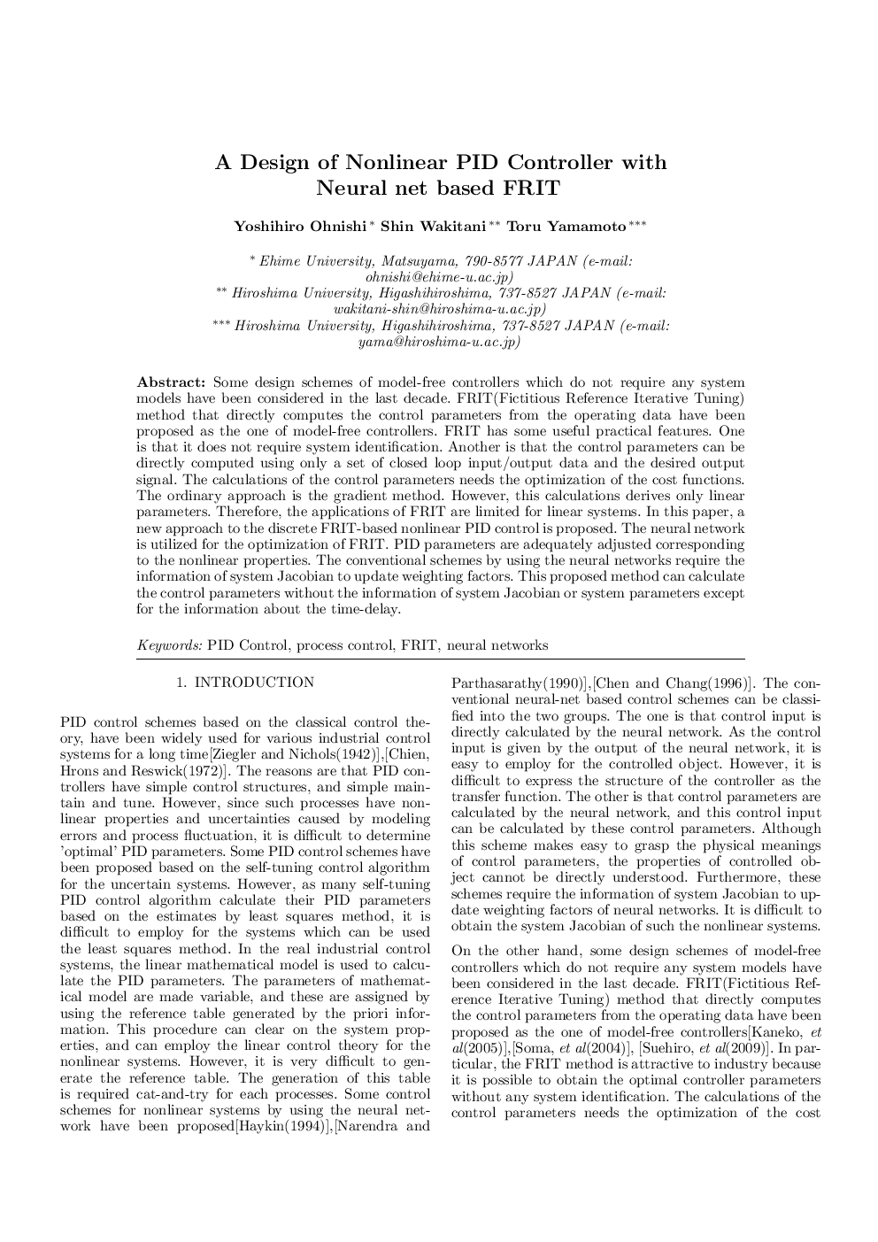 A Design of Nonlinear PID Controller with Neural net based FRIT