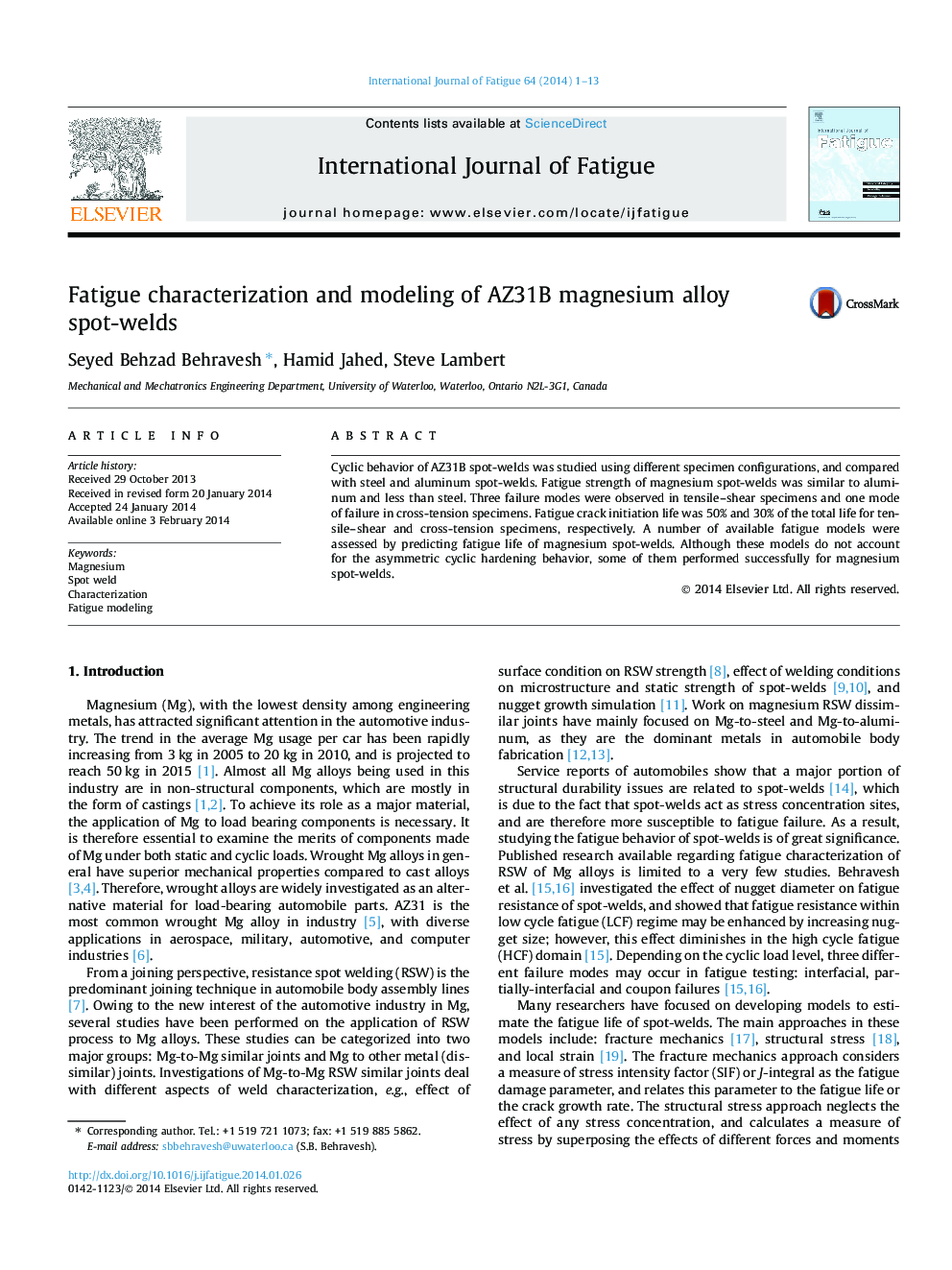 Fatigue characterization and modeling of AZ31B magnesium alloy spot-welds