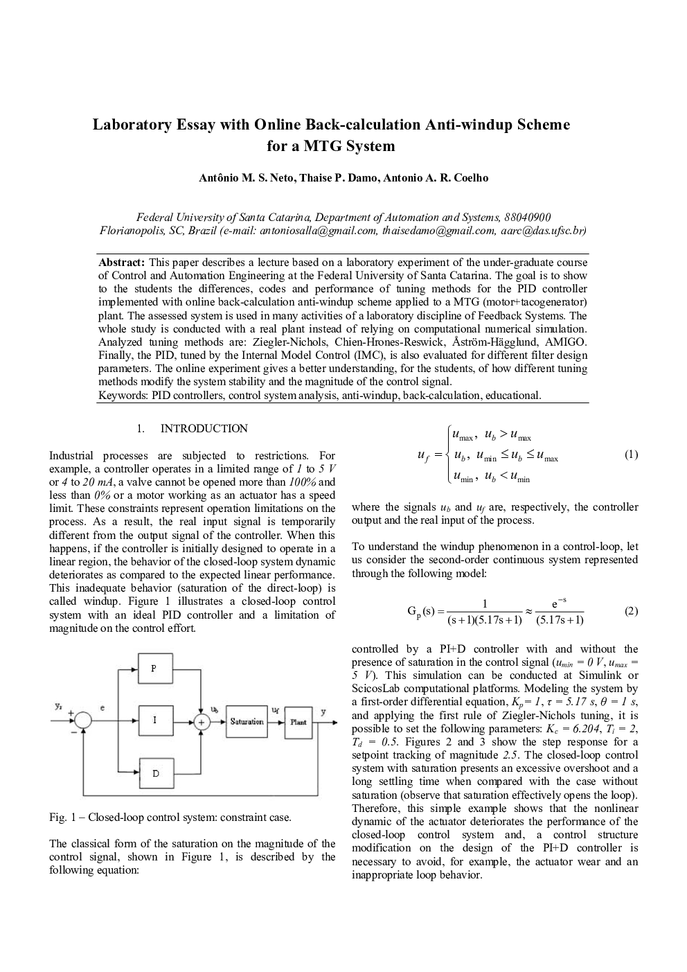 Laboratory Essay with Online Back-calculation Anti-windup Scheme for a MTG System