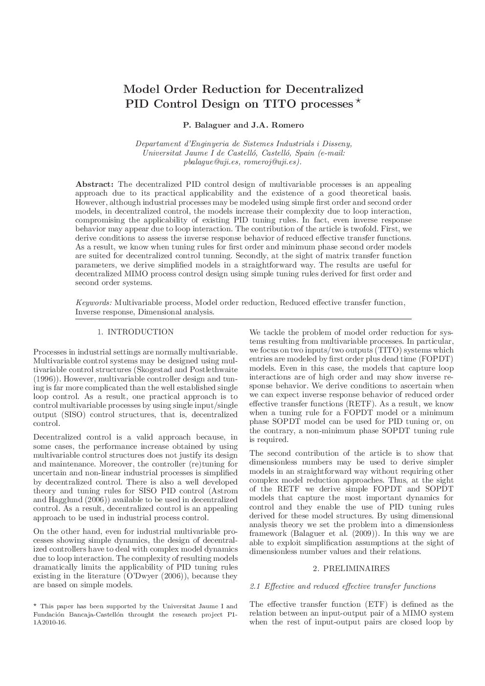 Model Order Reduction for Decentralized PID Control Design on TITO processes 