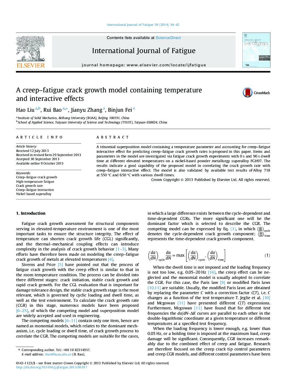 A creep-fatigue crack growth model containing temperature and interactive effects