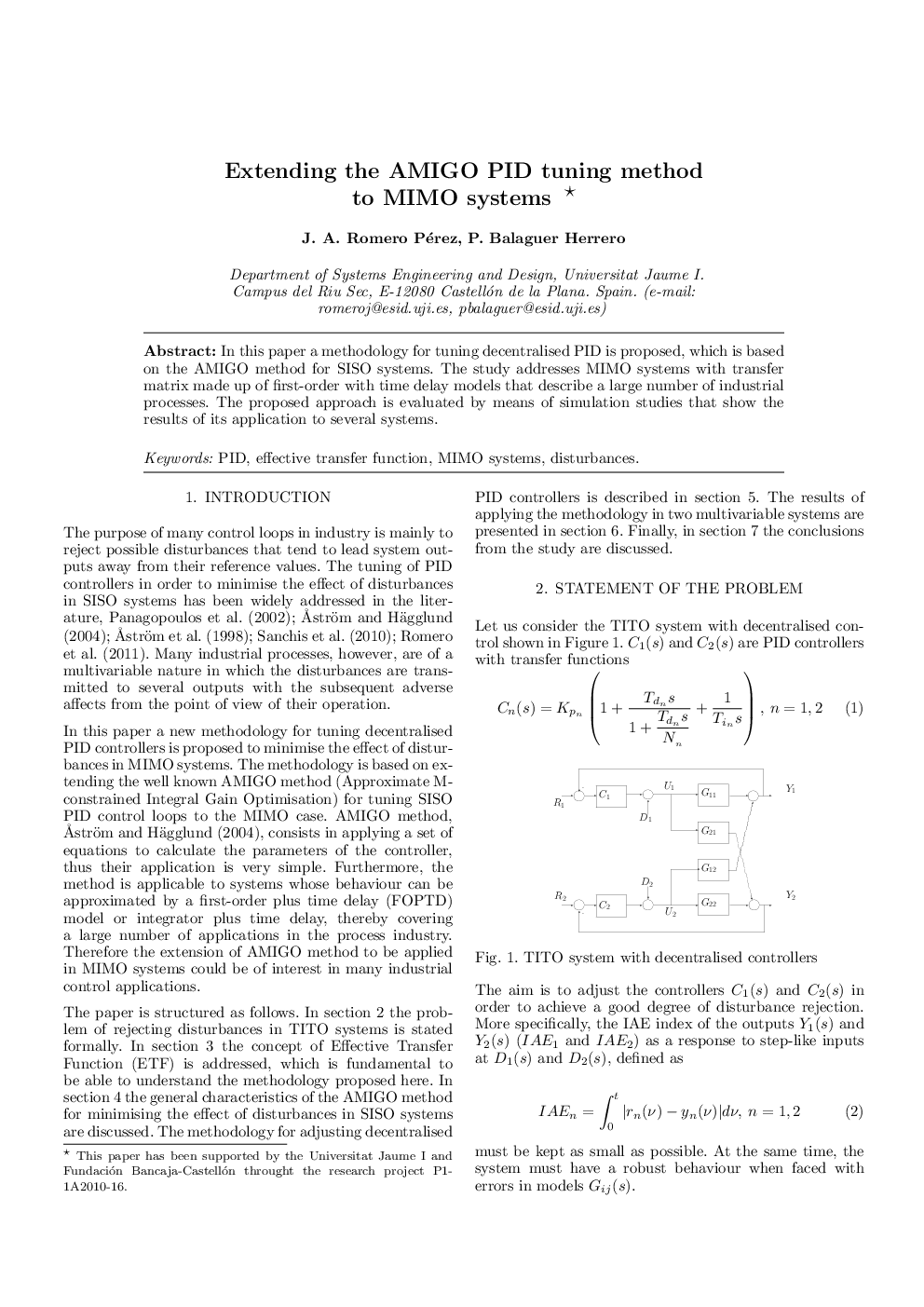 Extending the AMIGO PID tuning method to MIMO systems 