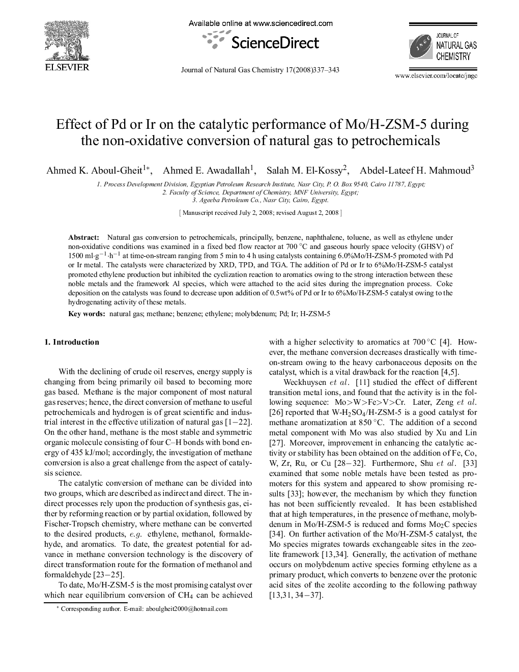 Effect of Pd or Ir on the catalytic performance of Mo/H-ZSM-5 during the non-oxidative conversion of natural gas to petrochemicals