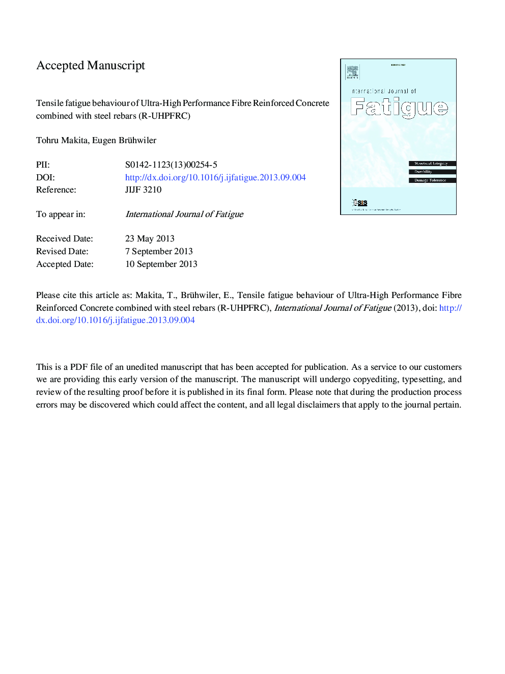 Tensile fatigue behaviour of Ultra-High Performance Fibre Reinforced Concrete combined with steel rebars (R-UHPFRC)