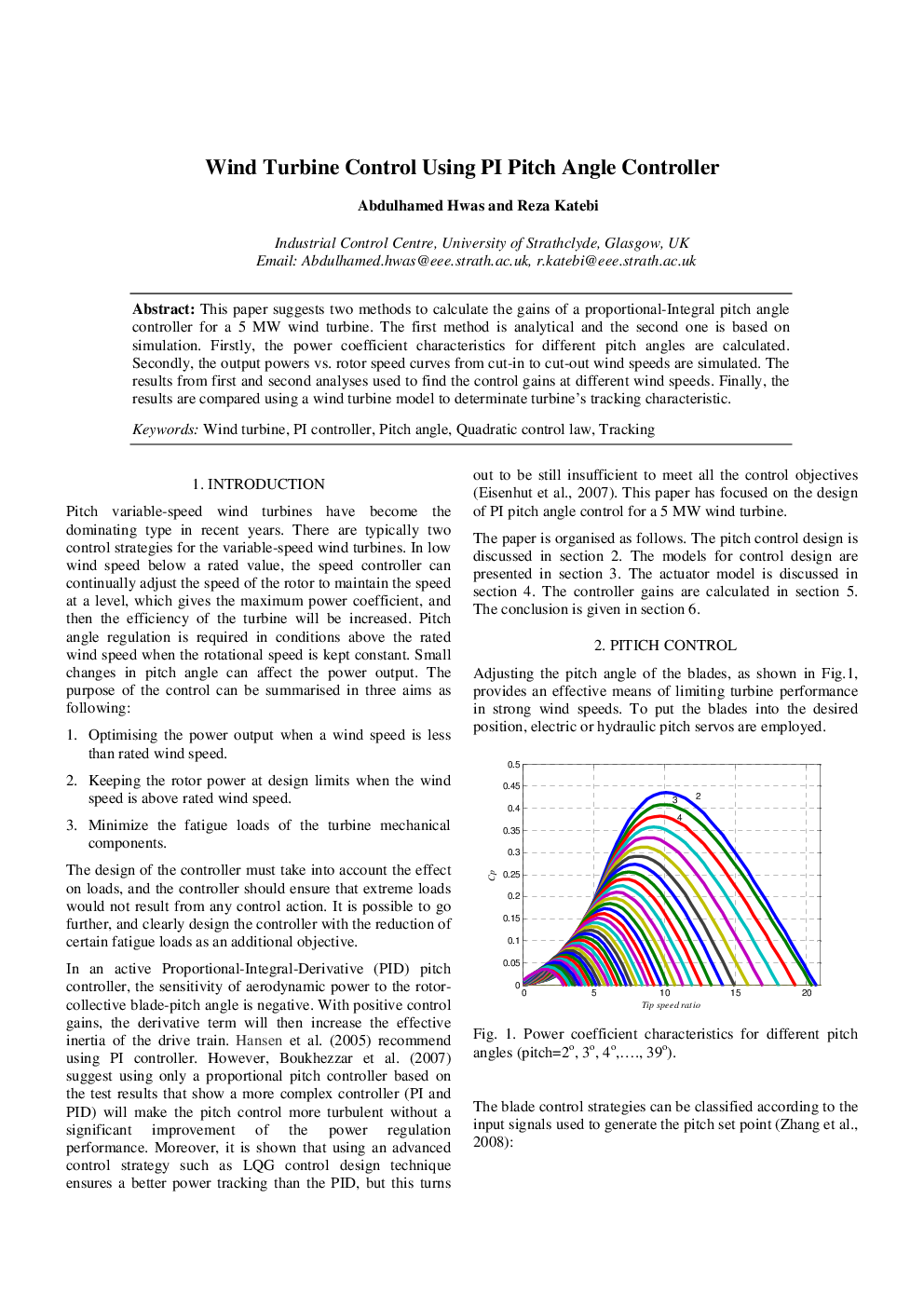 Wind Turbine Control Using PI Pitch Angle Controller