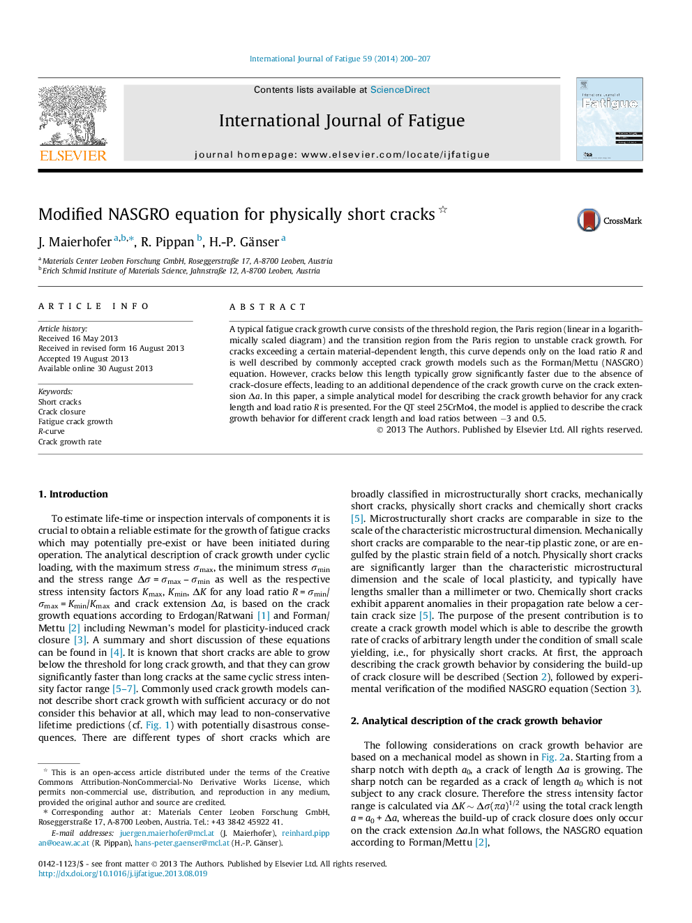 Modified NASGRO equation for physically short cracks