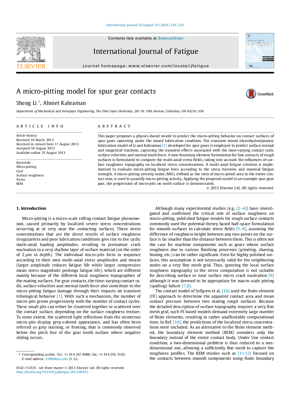 A micro-pitting model for spur gear contacts