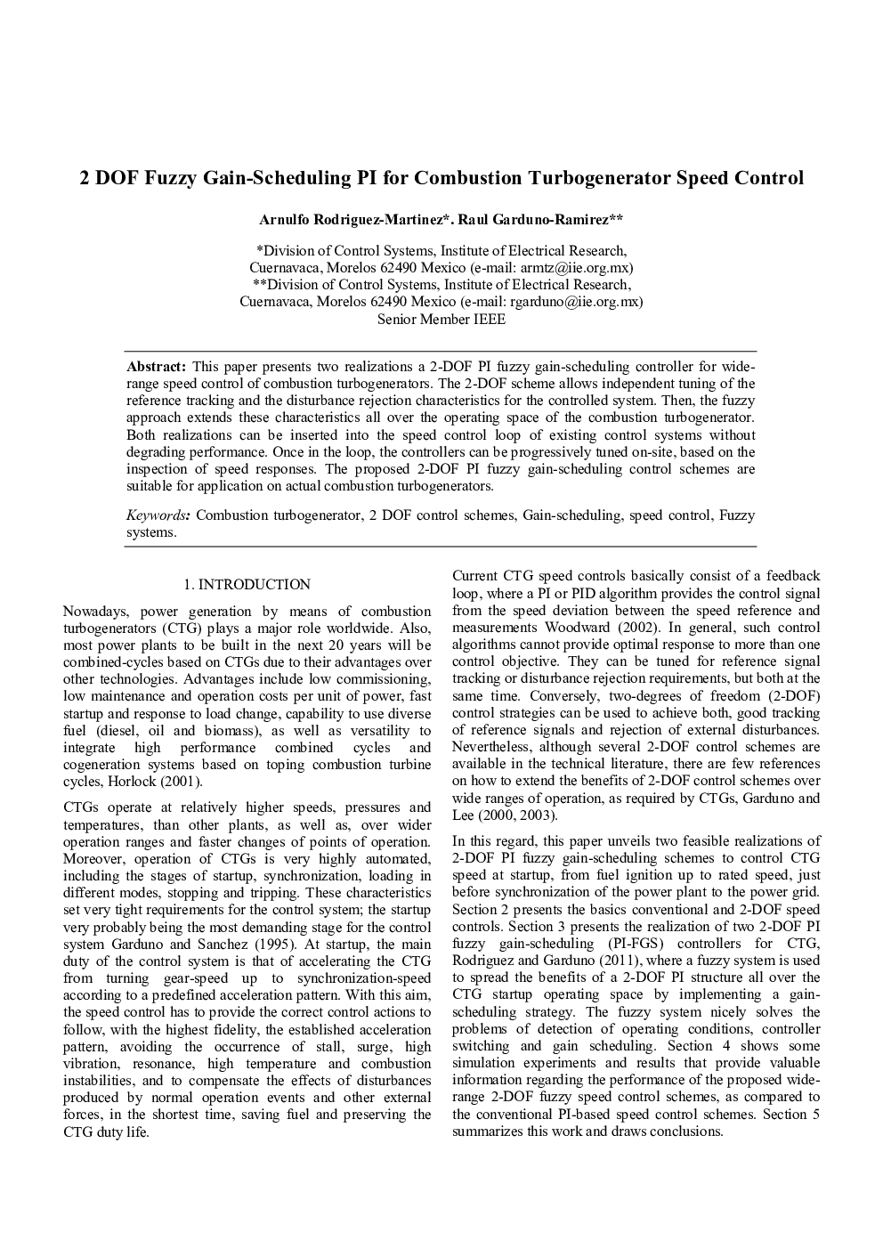 2 DOF Fuzzy Gain-Scheduling PI for Combustion Turbogenerator Speed Control