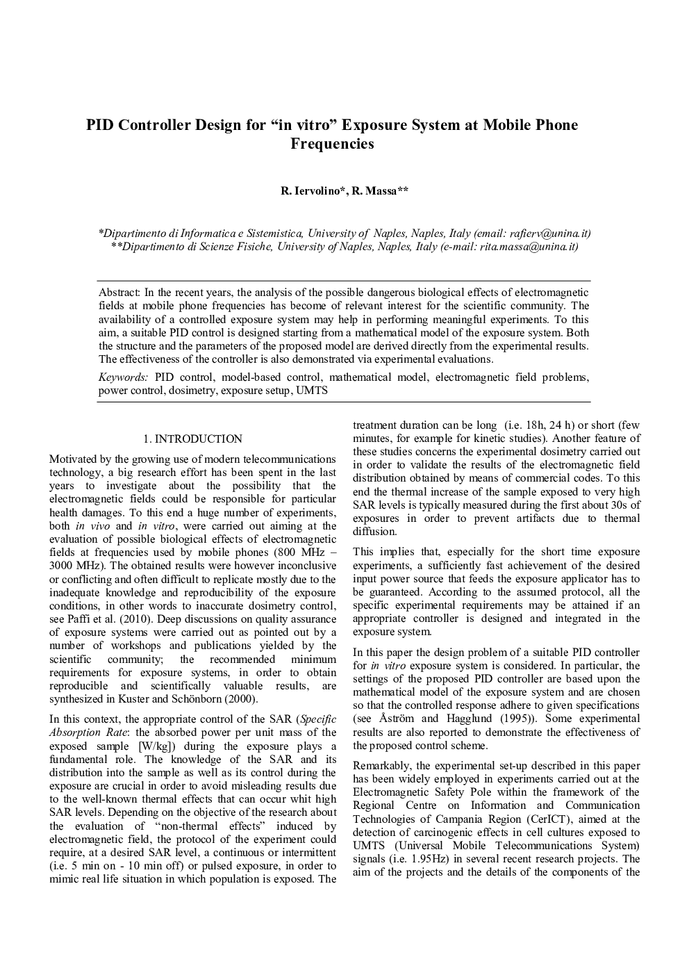 PID Controller Design for “in vitro” Exposure System at Mobile Phone Frequencies