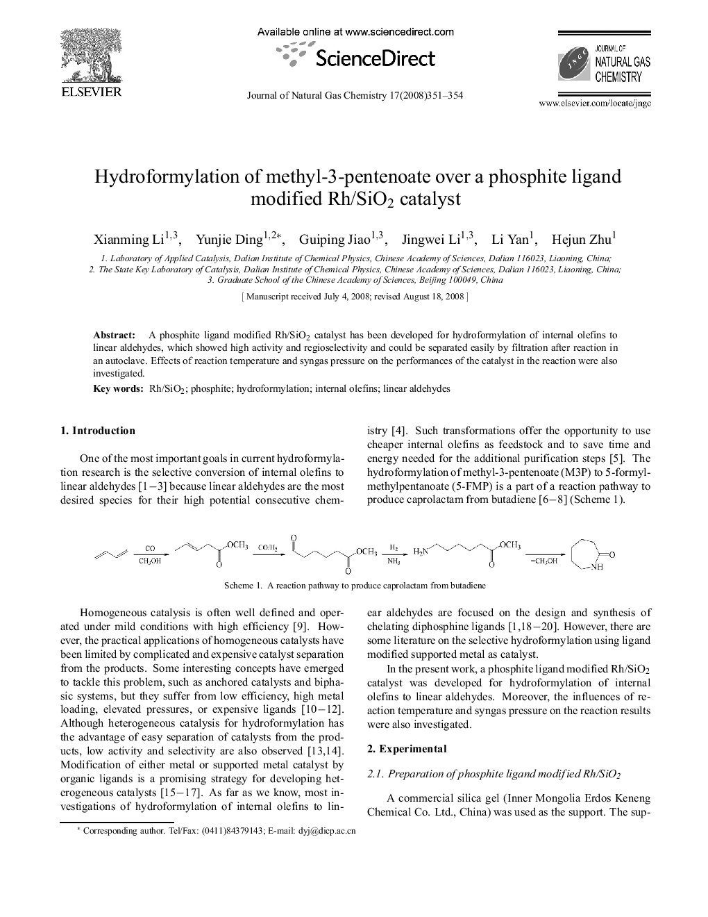 Hydroformylation of methyl-3-pentenoate over a phosphite ligand modified Rh/SiO2 catalyst