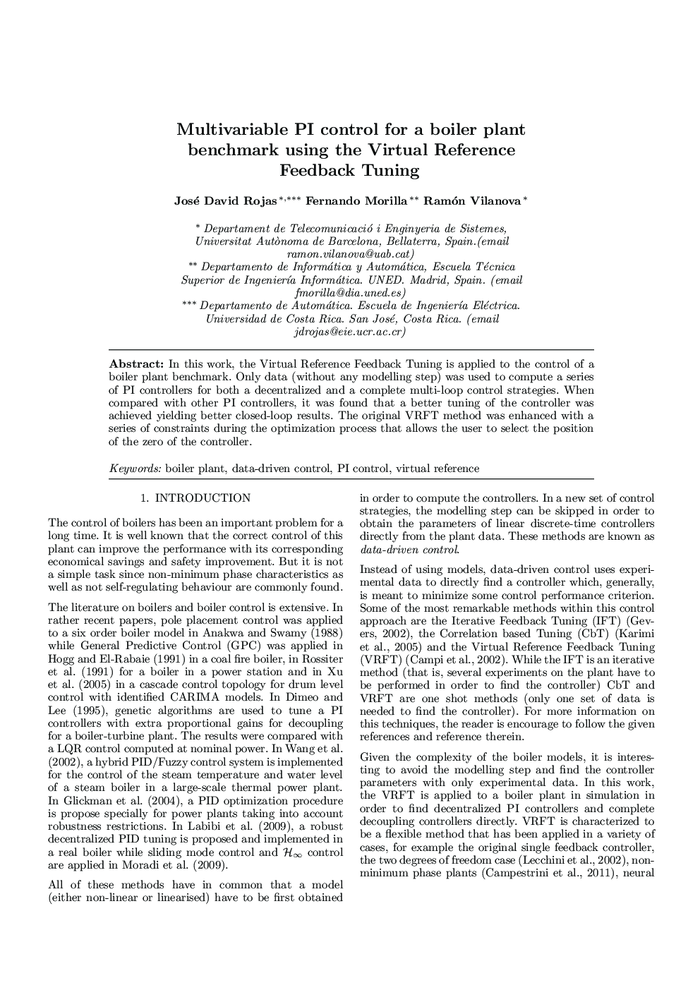 Multivariable PI control for a boiler plant benchmark using the Virtual Reference Feedback Tuning