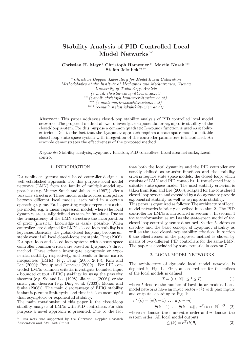 Stability Analysis of PID Controlled Local Model Networks 