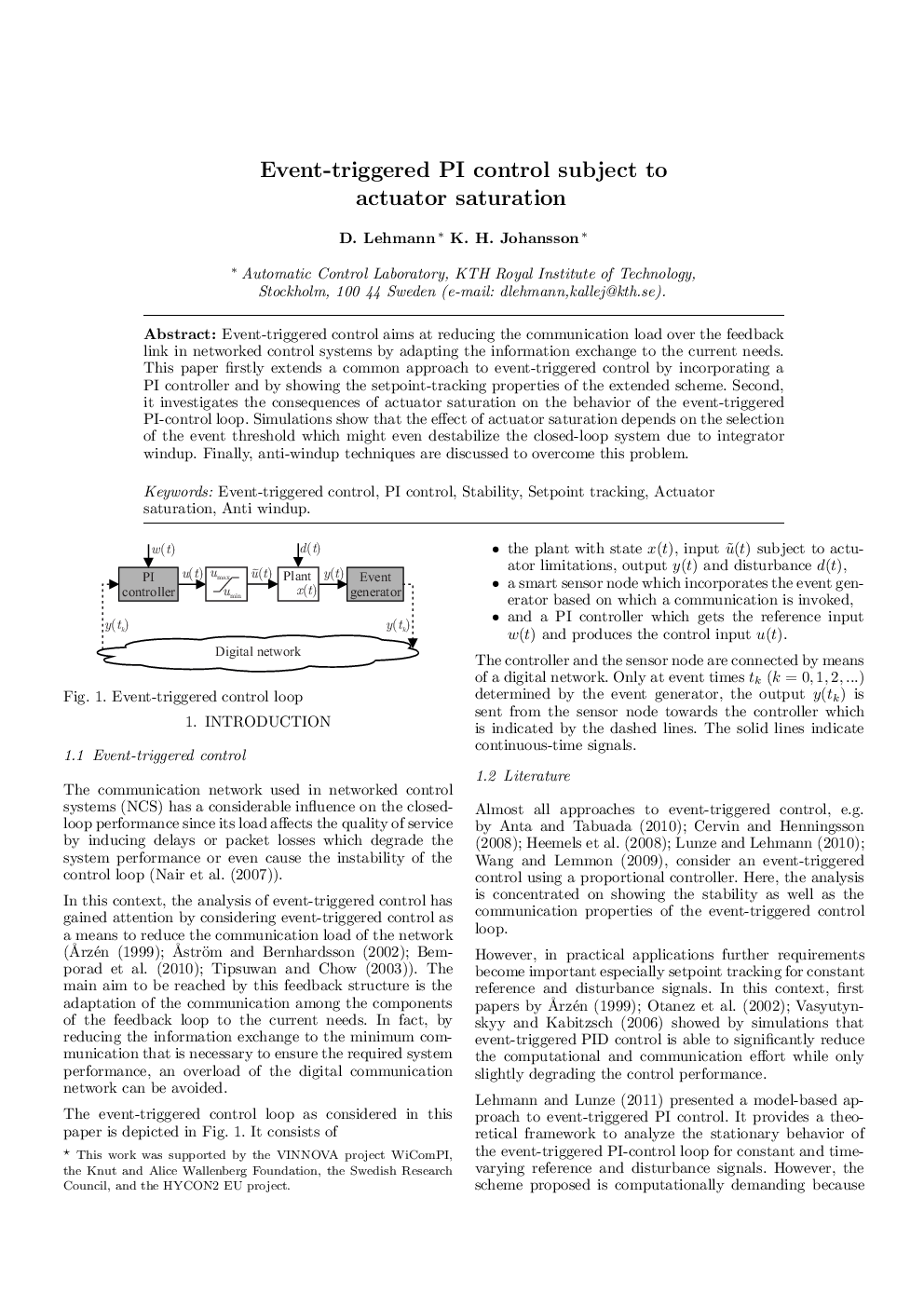 Event-triggered PI control subject to actuator saturation 