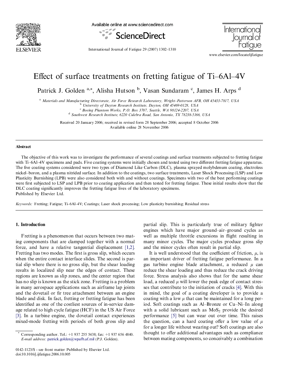 Effect of surface treatments on fretting fatigue of Ti-6Al-4V