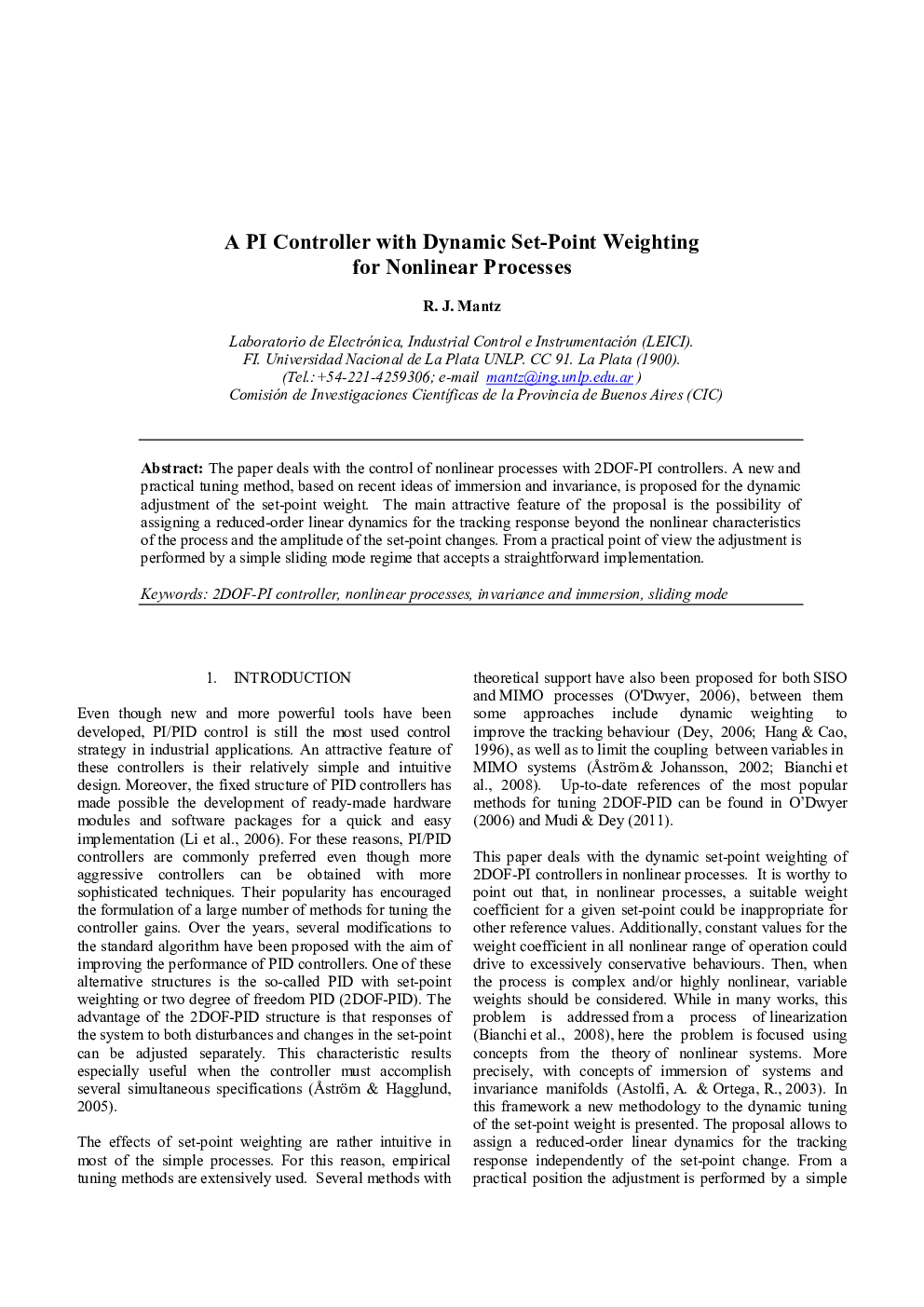 A PI Controller with Dynamic Set-Point Weighting for Nonlinear Processes