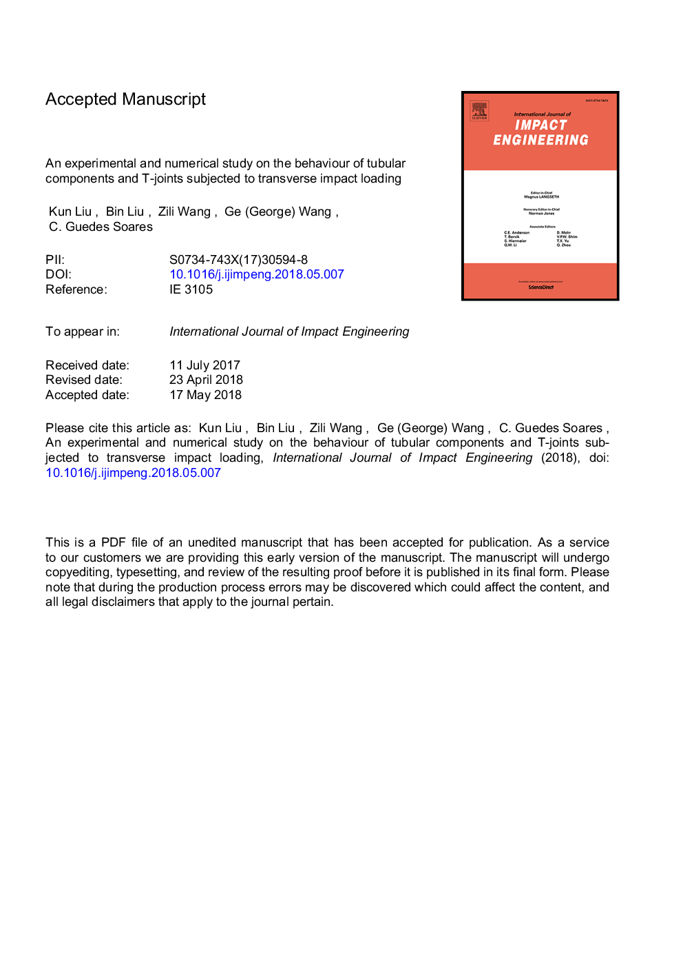 An experimental and numerical study on the behaviour of tubular components and T-joints subjected to transverse impact loading