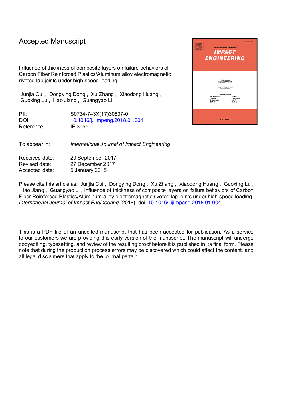 Influence of thickness of composite layers on failure behaviors of carbon fiber reinforced plastics/aluminum alloy electromagnetic riveted lap joints under high-speed loading