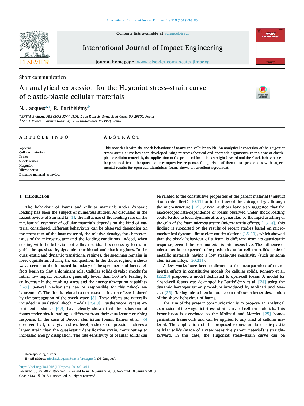 An analytical expression for the Hugoniot stress-strain curve of elastic-plastic cellular materials