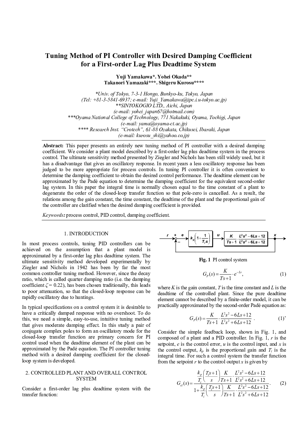 Tuning Method of PI Controller with Desired Damping Coefficient for a First-order Lag Plus Deadtime System