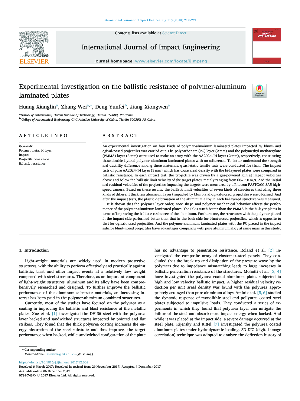 Experimental investigation on the ballistic resistance of polymer-aluminum laminated plates