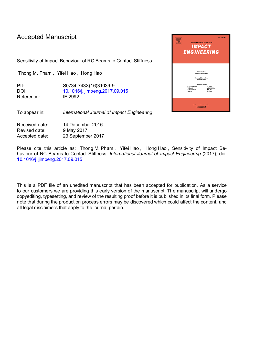 Sensitivity of impact behaviour of RC beams to contact stiffness