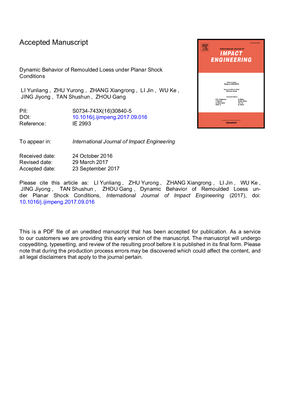 Dynamic behavior of remolded loess under planar shock conditions