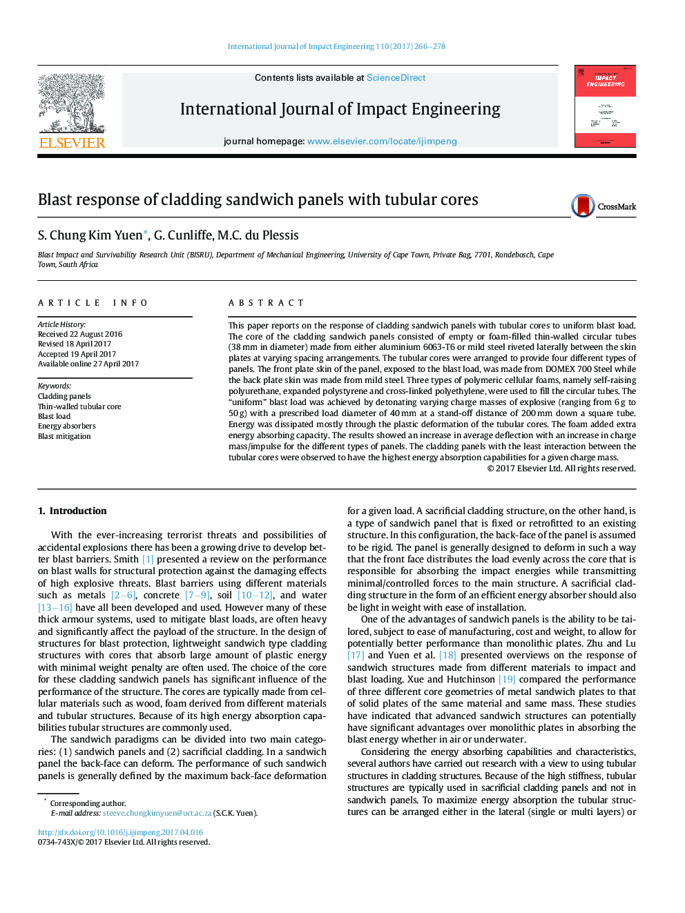 Blast response of cladding sandwich panels with tubular cores