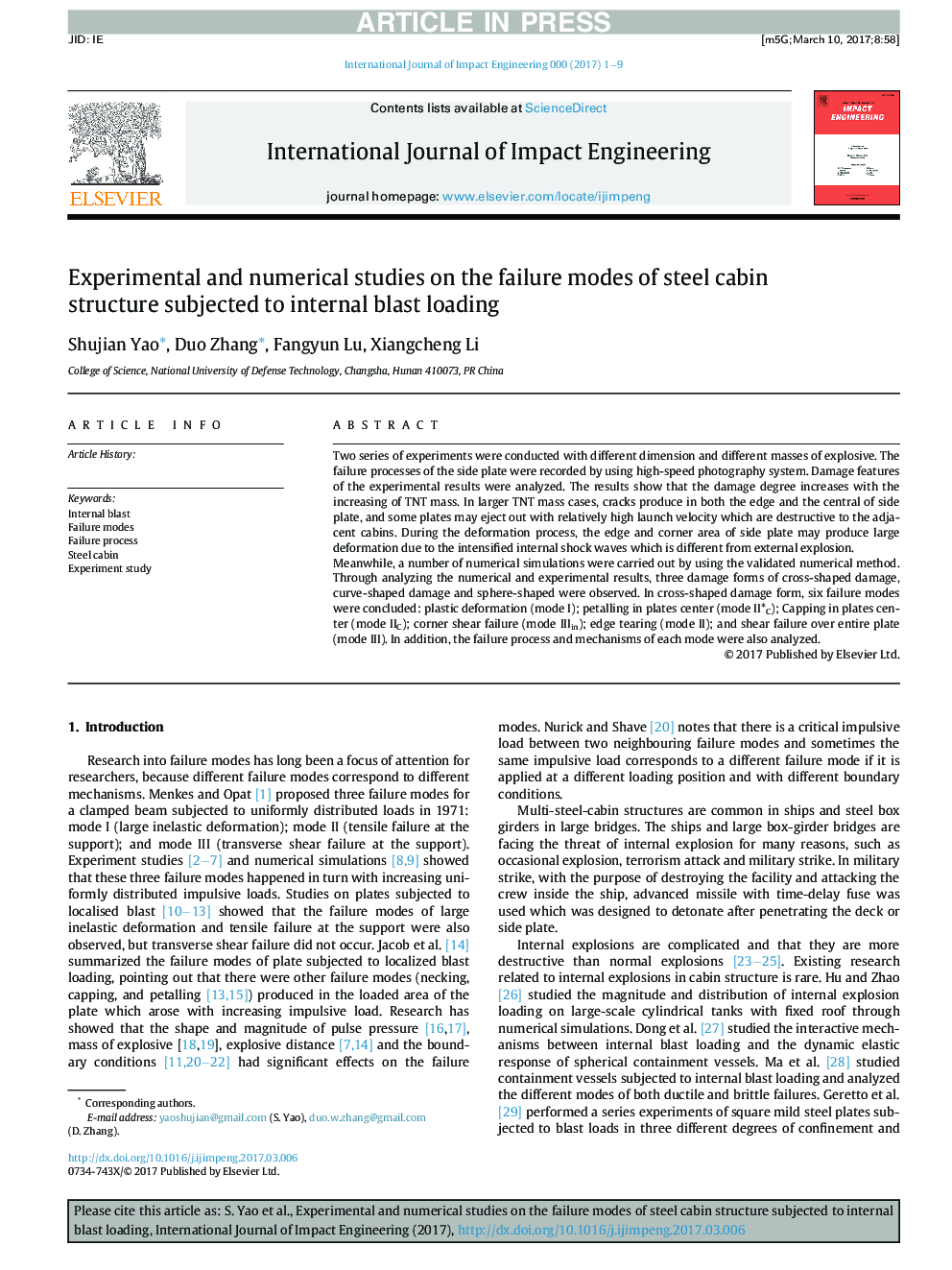 Experimental and numerical studies on the failure modes of steel cabin structure subjected to internal blast loading