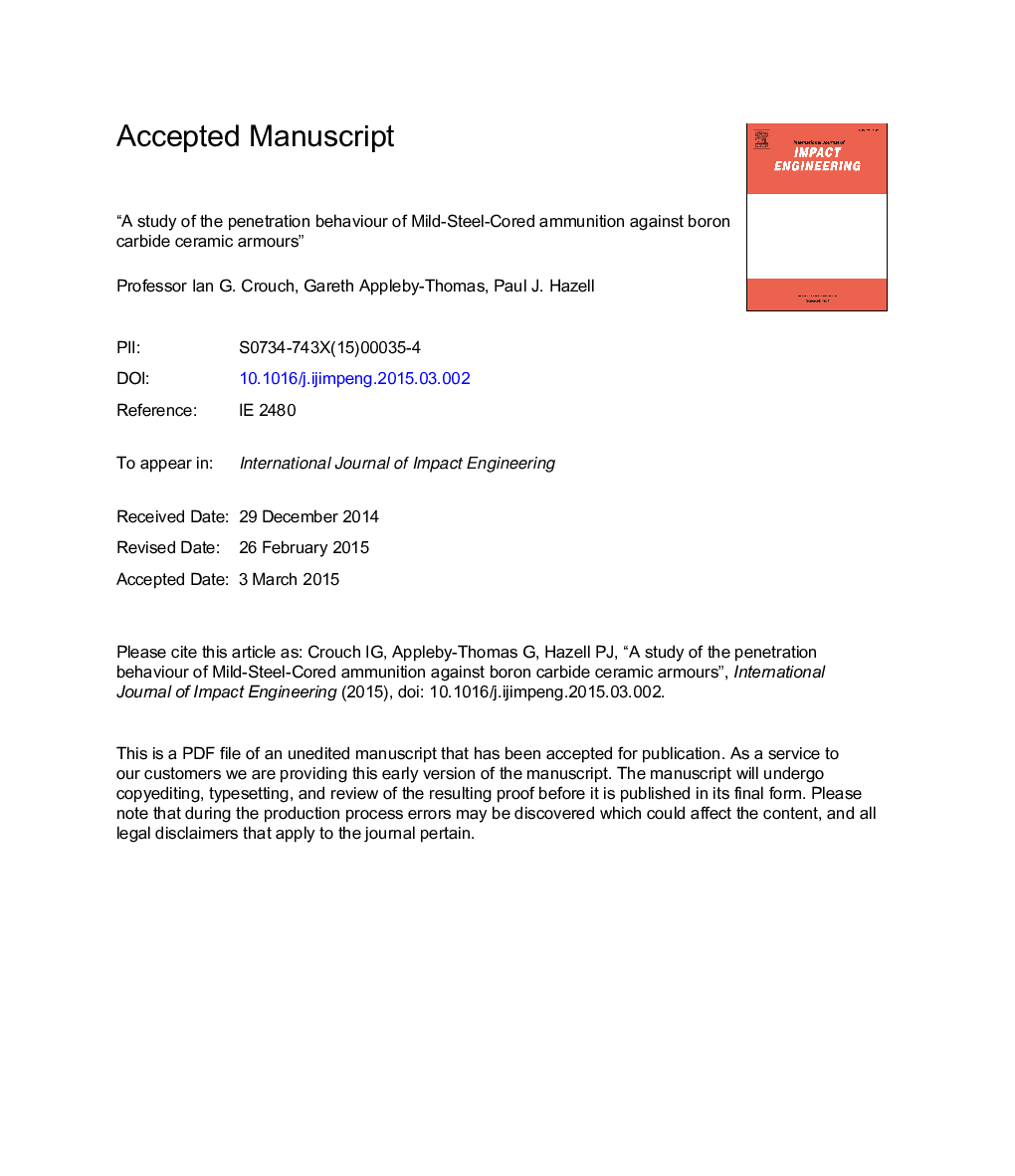 A study of the penetration behaviour of mild-steel-cored ammunition against boron carbide ceramic armours